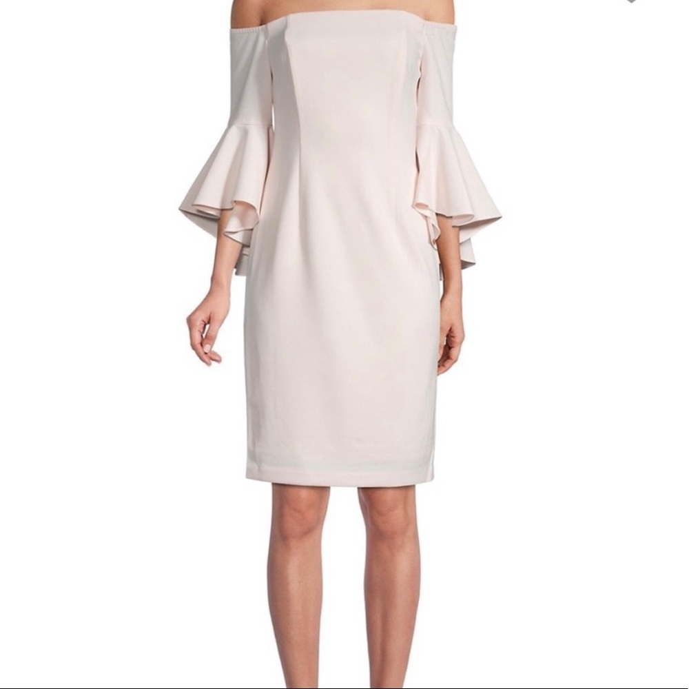 Calvin Klein Crepe Off-the-Shoulder 3/4 Flutter Bell Sleeve Sheath Dress